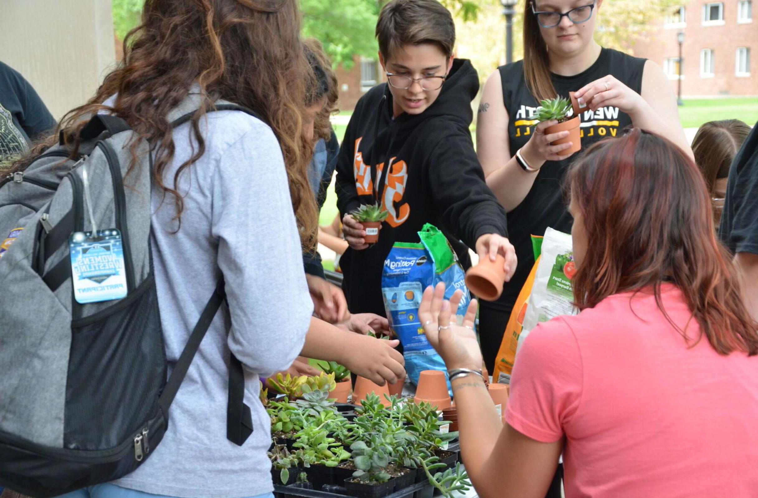 Students do a planting activity at the Environmental Club's table during the Club 和 组织 Fair